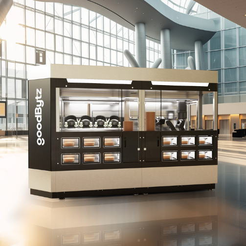 Ein goodBytz-Roboter als Visualiserung in einer Lobby stehend