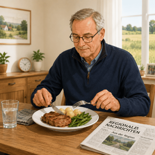 Ein älterer Mann sitzt in seinem Haus und isst ein Stück Fleisch mit Kartoffeln und Bohnen