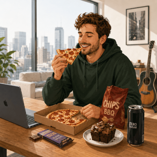 Ein junger Mann sitzt in seiner Wohnung und isst ein Stück Pizza