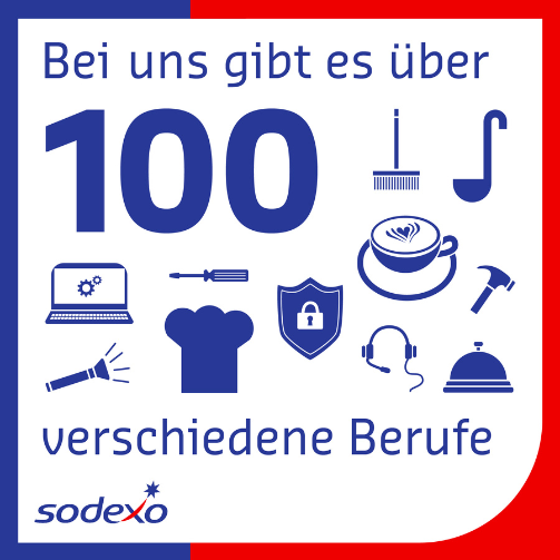 Die Infografik von Sodexo weist darauf hin, dass es im Unternehmen über 100 verschiedene Berufe gibt.