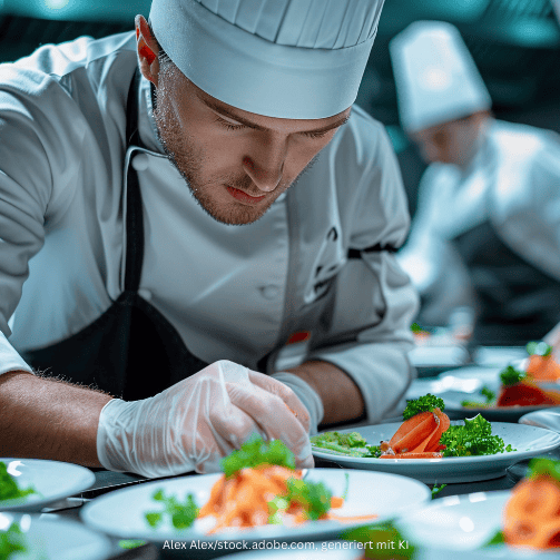 Ein Koch in Kochjacke und Mütze dekoriert eine Reihe an Salattellern mit Kräutern.
