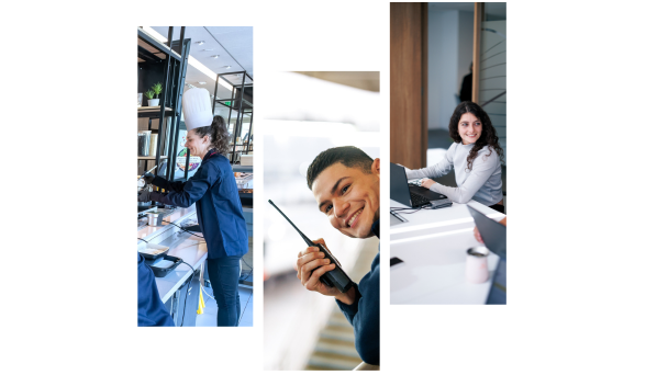 Montage von verschiedenen Ausbildungsberufen bei Sodexo zeigt eine weibliche Köchin bei der Essensausgabe, ein Sicherheitsmitarbeiter mit Walkie-Talkie und eine Kauffrau für Büromanagement am Tisch mit Laptop.