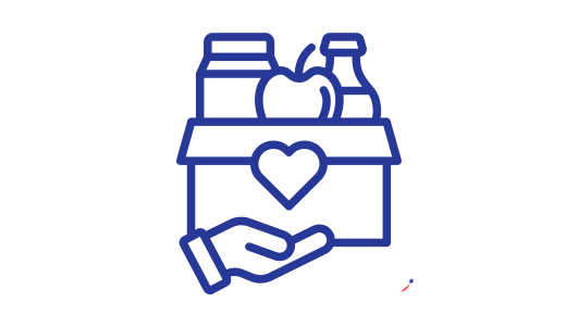 Blaues Icon, das eine Hand mit einer Kiste mit Lebensmittel zeigt.