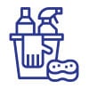 Blaues Sodexo-Icon eines Putzeimers mit Reinigungsmitteln, Handschuh und Schwamm.