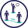 Ein Abstandhalten-Icon, welches drei Personen in einem Kreis zeigt mit einer 2-Meter-Abstand-Markierung dazwischen.