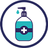 Ein Desinfektion-Icon, welches in einem Kreis eine Desinfektionsflasche mit Pumpspender zeigt.