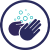 Ein Händewaschen-Icon, das zwei reibende Hände in einem Kreis zeigt und darüber Seifenblasen.