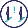 Ein Markierungen-Icon, welches zwei Personen im Kreis zeigt, die auf Bodenmarkierungen zum Abstandhalten stehen und dazwischen ein Ausrufezeichen.