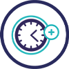 Ein Öffnungszeiten-Icon, welches in einem Kreis eine Uhr zeigt. Diese ist von einem Kreis umgeben und darauf sitzt ein Plus, um verlängerte Öffnungszeiten zu verdeutlichen.