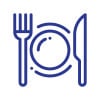 Blaues Sodexo-Icon eines Tellers mit einer Gabel (links) und einem Messer (rechts) daneben
