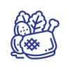 Blaues Sodexo-Icon einer Mahlzeit mit Fleischkeule, Kartoffeln und Blattgemüse