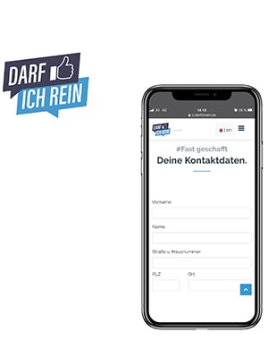 Symbolbild für Anwendung "Darf ich rein", mit dem Schriftzug daneben ein Handy mit der Eingabemaske für die persönlichen Daten.