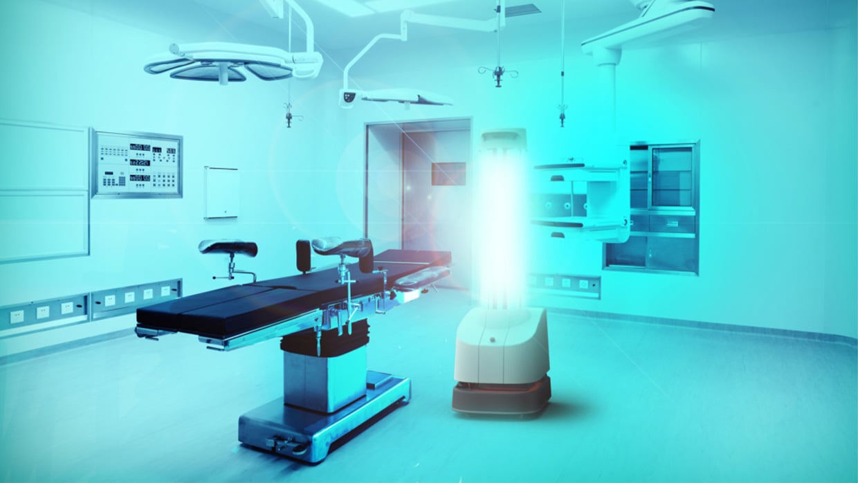 Autonomer UV-C-Roboter zur Desinfektion in einem OP während des Testeinsatzes im Rahmen der von Sodexo Deutschland und Österreich beauftragten Studie.