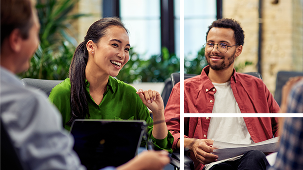 A split image showing people seated indoors during a discussion; on the left, a person holding an open laptop gestures while facing others, and on the right, another person wearing glasses holds papers. The setting appears to be a modern workspace with plants and large windows in the background.