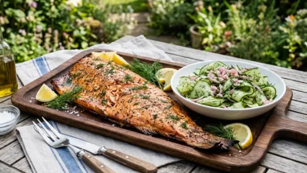 A whole hot smoked salmon fillet on a wooden serving board, garnished with fresh dill and lemon wedges, alongside a bowl of cucumber and dill salad