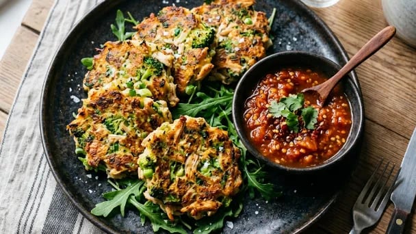 Chicken and broccoli fritters served on a bed of rocket with a bowl of tomato chutney on a black plate.