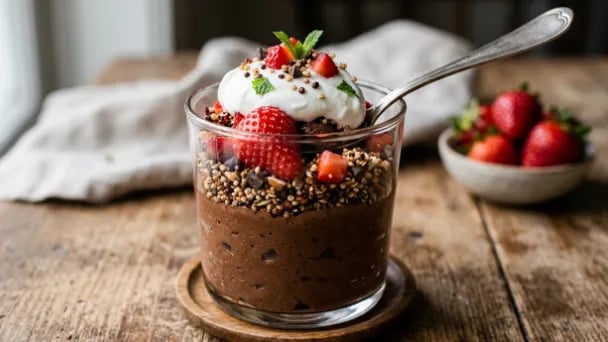 Glass pot of dark chocolate apple chia mousse topped with yoghurt, strawberries, seeds and fresh mint on a wooden table.