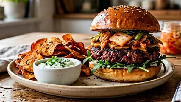 Beet beef burger topped with live kimchi and salad leaves, served with sweet potato crisps and a herb yoghurt dip.