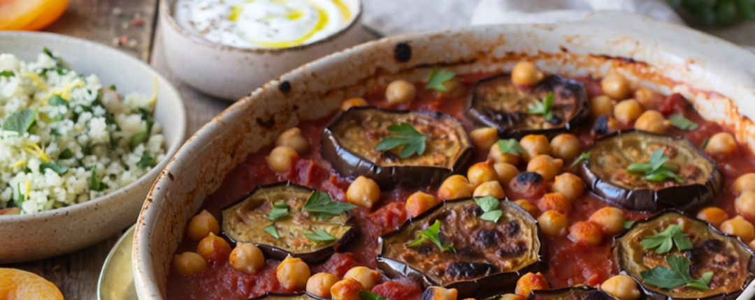 A large ceramic baking dish filled with roasted aubergine slices and chickpeas in a red tomato sauce, garnished with herbs, with grain salad and yoghurt visible in the background.