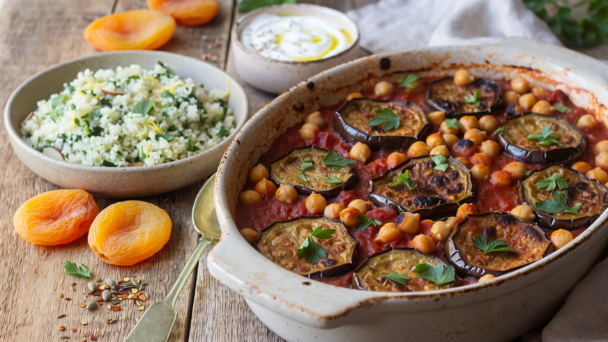 An oval baking dish of aubergine and chickpea tagine in tomato sauce on a wooden table, served with a bowl of herbed grains and dried apricots on the side.