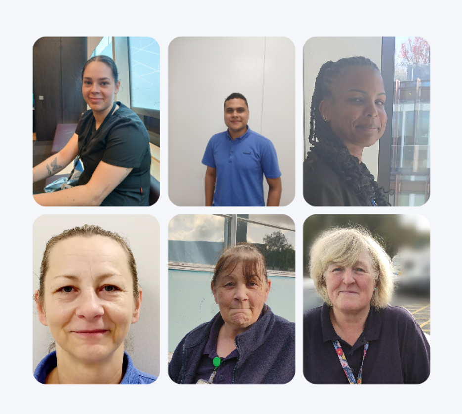 Collage of six staff headshots arranged in a 3x2 grid. The images show six individuals in workplace settings, either seated indoors or photographed against neutral backgrounds, wearing professional attire and looking towards the camera. The portraits vary between close-up headshots and wider images showing upper body posture.