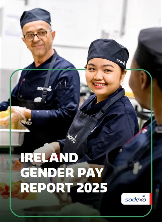 Three Sodexo kitchen staff in uniform preparing food in a professional kitchen, with ‘Ireland Gender Pay Report 2025’ text and Sodexo branding overlaid on the image