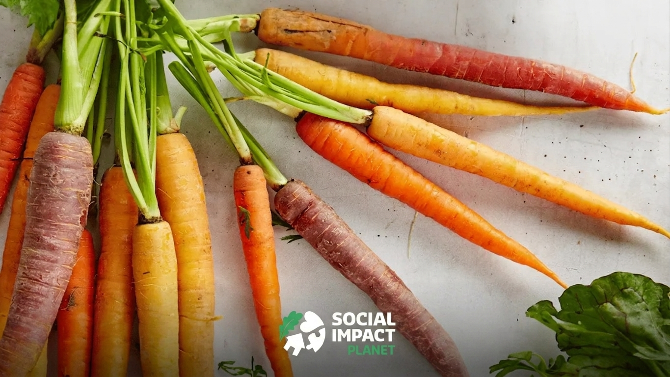 A collaboration of carrots with a social impact logo at the bottom
