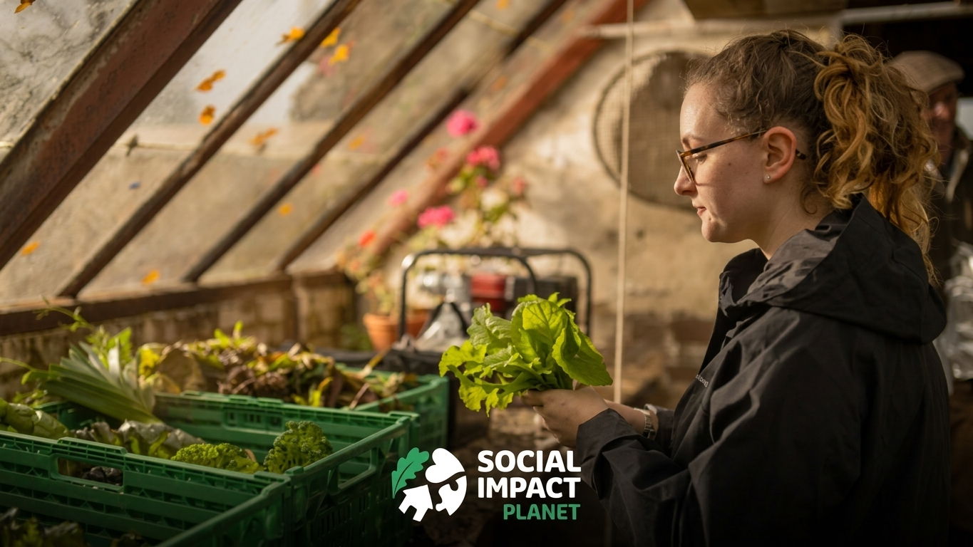 A person tending leafy green vegetables inside a greenhouse, standing beside rows of growing produce in green trays. Sunlight filters through the glass structure, highlighting the plants, with the Social Impact Pledge logo visible in the lower corner.