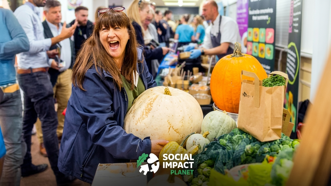 Woman excitedly holding a new pumpkin