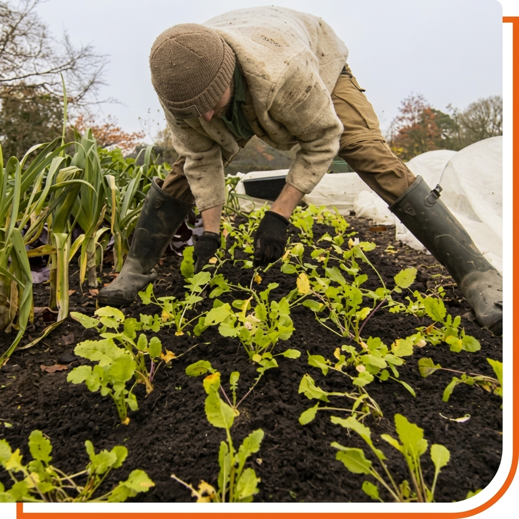 Individual tending young leafy vegetable plants in a field, wearing boots and gloves while working the soil alongside rows of crops and covered growing beds