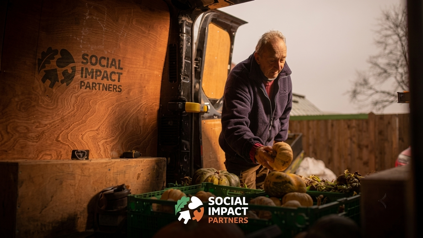 Individual unloading mixed squash and vegetables from green crates at the back of a van branded ‘Social Impact Partners’ in an outdoor setting.