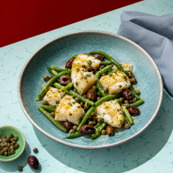 Bocconcini di merluzzo con capperi olive e fagiolini