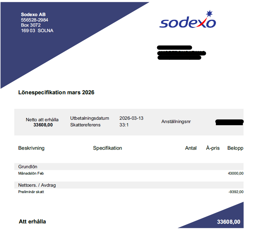 Bild på lönespecifikation som används i samband med beskrivning av fälten i specifikationen