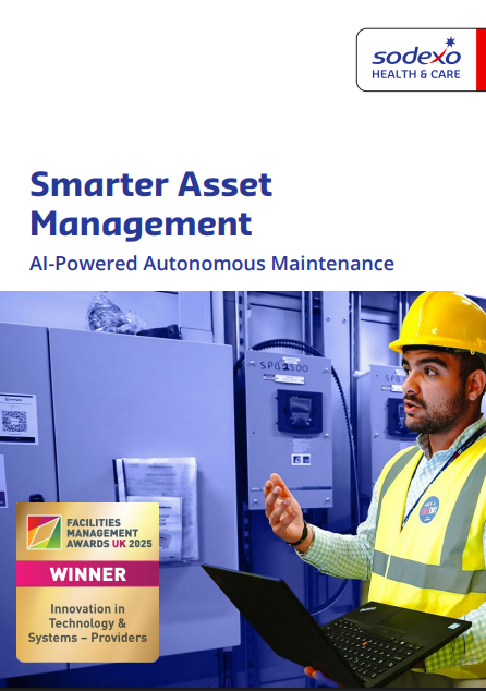 Promotional graphic for Sodexo’s Smarter Asset Management solution. A maintenance worker wearing a high-visibility jacket and hard hat uses a tablet beside blue industrial equipment. The image includes digital asset labels and inventory indicators, highlighting technology-driven asset tracking, maintenance, and operational efficiency. Visible text reads “Smarter Asset Management” and “An AI Powered Integrated Solution.”
