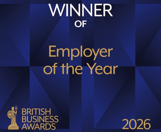 Graphic with a dark blue geometric background featuring gold text reading “Employer of the Year,” with “Winner Of” above it in white. Bottom left shows the British Business Awards logo and text, and the year “2026” appears in gold in the bottom right.