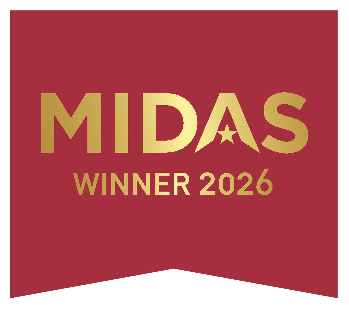 Red banner-style background with gold text reading “MIDAS,” featuring a star inside the letter “A,” and “WINNER 2026” below.