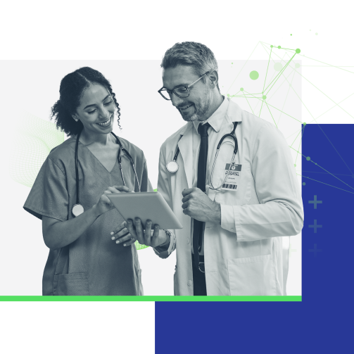 Two doctors discussing patient information on a tablet computer