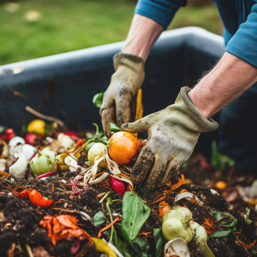 Hands of a person wearing gloves collecting vegetables from a compost bin