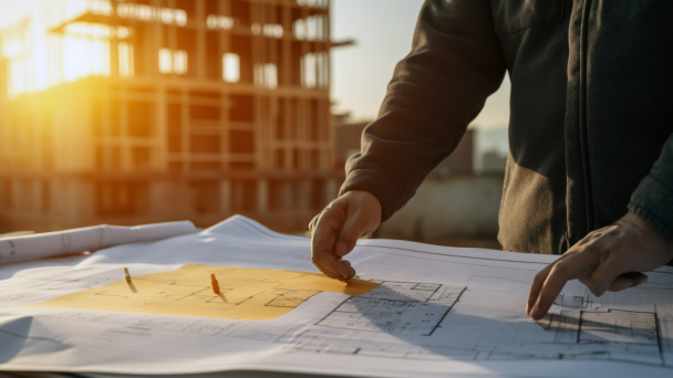 Hands of a man holding a blueprint on top of a building, overlooking the cityscape below