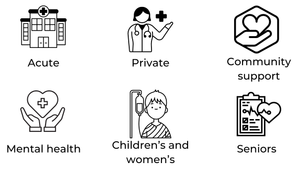 Set of health service icons including stethoscope, pills, heart, and medical cross