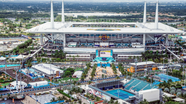 Drone shot of the Miami Open tennis at the Hard Rock Stadium in Miami Florida