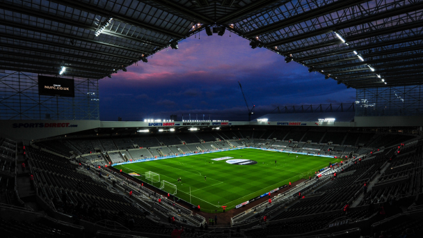 Nightime pitchview bowl shot of St James Park home to Newcastle United FC