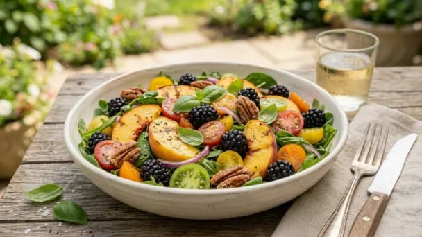 A summer salad bowl with sliced peaches, blackberries, cherry tomatoes, pecans, red onion and basil leaves, served outdoors with a glass of white wine