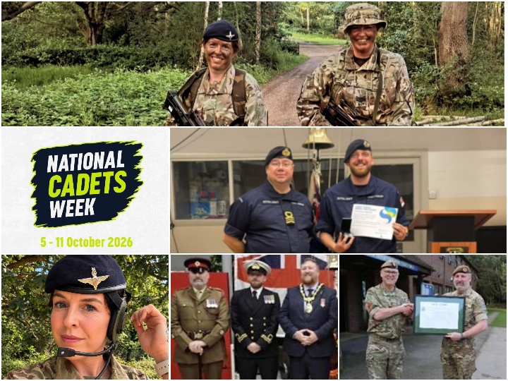 Collage of Army Cadet Force members and Sodexo colleagues celebrating National Cadets Week, featuring cadets in uniform and award presentations.
