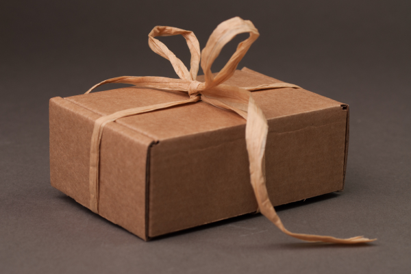 A brown gift box tied up with a ribbon.