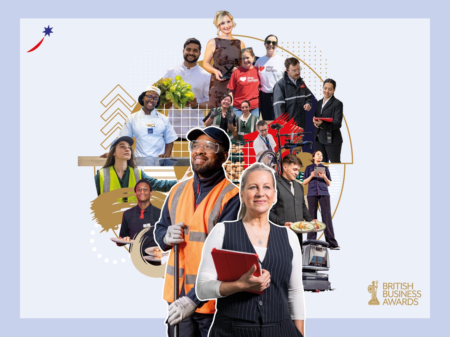 Promotional image featuring a business leader standing in the foreground, with a collage of people from a range of professions and workplace environments displayed behind them, highlighting diverse careers and roles across an organisation.