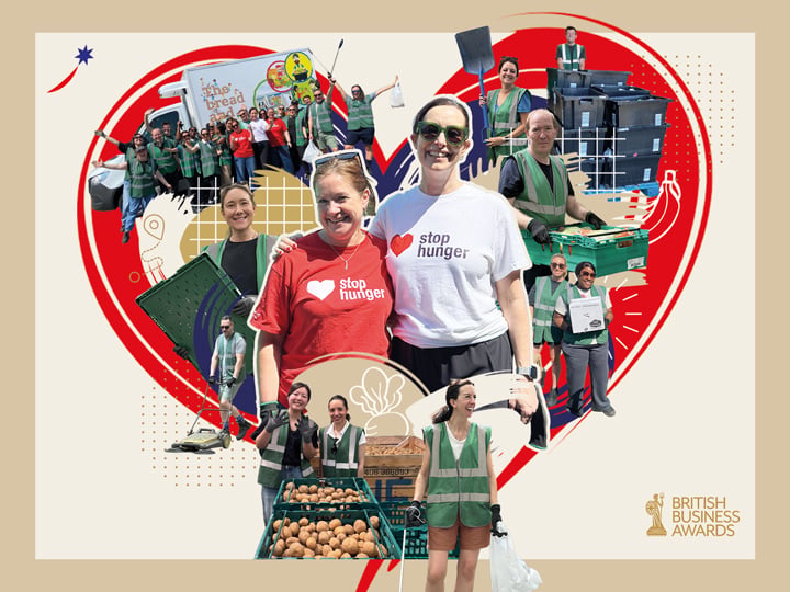 Collage of colleagues taking part in community and volunteering activities, arranged within a heart-shaped graphic, showcasing people working together outdoors and in local community settings.
