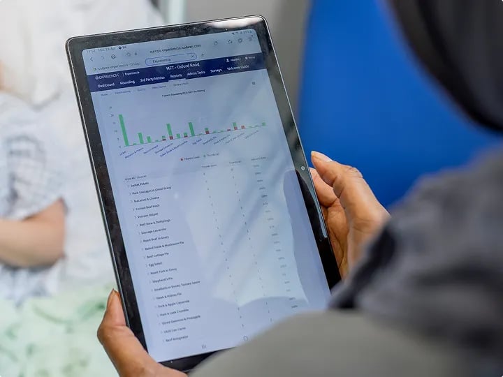 Healthcare staff member viewing service performance and compliance data on a tablet in a clinical environment.