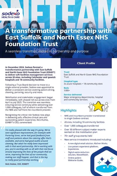 East Suffolk and North Essex NHS Foundation Trust client profile highlighting Sodexo Health & Care service delivery and partnership outcomes.