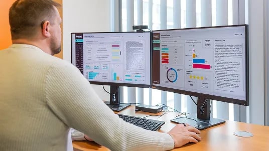 Employee reviewing operational performance dashboards and service insights across two computer monitors.